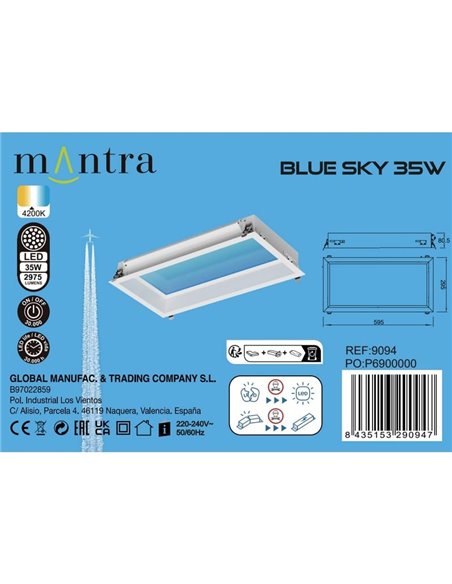 Plafón cielo azul LED empotrable BLUE SKY 60x30, 35W 4200K 29750Lm, simula claraboya, blanco
