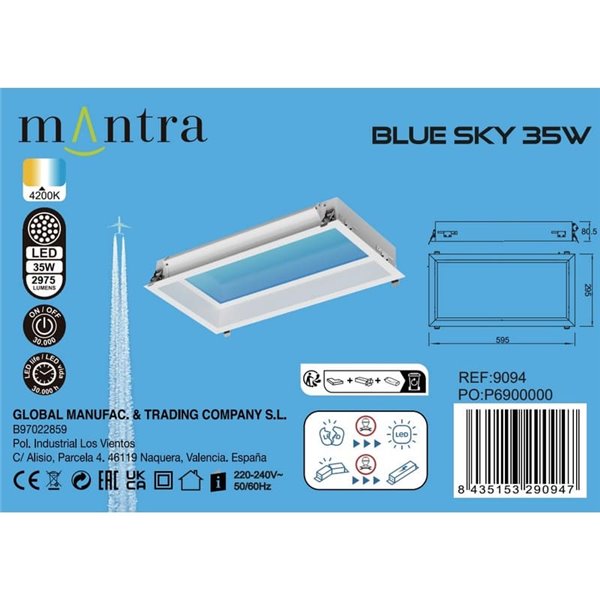Plafón cielo azul LED empotrable BLUE SKY 60x30, 35W 4200K 29750Lm, simula claraboya, blanco