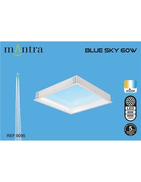 Plafón cielo azul LED empotrable BLUE SKY 60x60, 60W 4500K 4000Lm, simula claraboya, blanco
