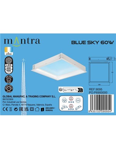 Plafón cielo azul LED empotrable BLUE SKY 60x60, 60W 4500K 4000Lm, simula claraboya, blanco