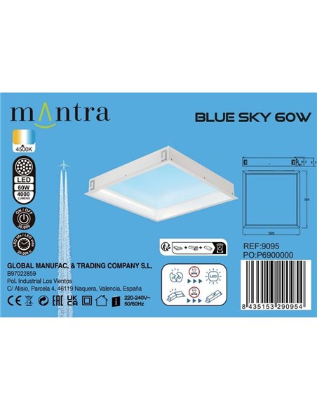 Plafón cielo azul LED empotrable BLUE SKY 60x60, 60W 4500K 4000Lm, simula claraboya, blanco