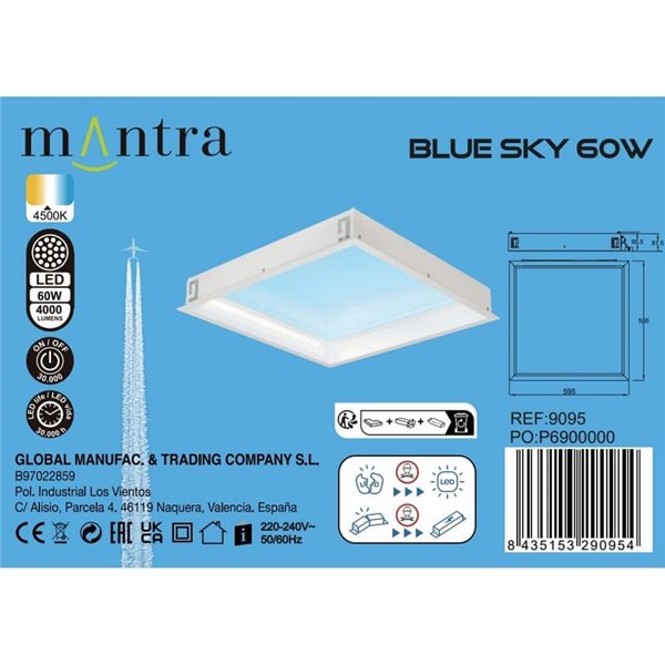 Plafón cielo azul LED empotrable BLUE SKY 60x60, 60W 4500K 4000Lm, simula claraboya, blanco