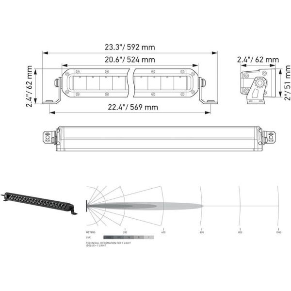 Medidas Barra LED Off-Road HELLA Black Magic Tough 20" 6000Lm 12/24V IP69K | Fino | Montagem Externa 1GJ 358 197-301