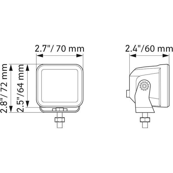 Dimensions du phare LED HELLA Black Magic Cube 2,7" 12/24 V 1 400 lm – Kit de 2 phares avec connecteur DEUTSCH