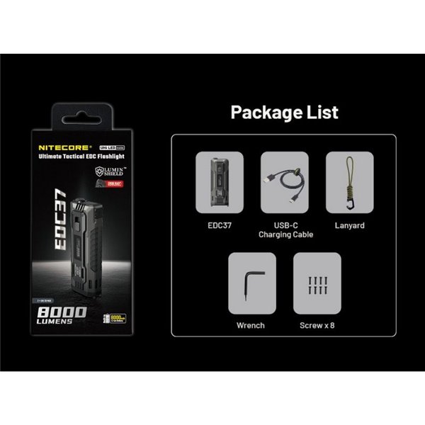 Linterna LED táctica EDC37 8000Lm OLED USB-C IP54 420m alcance con LUMIN SHIELD™
