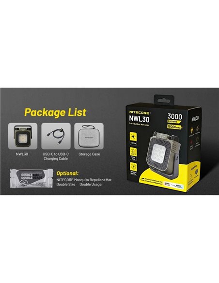 Lampe de travail LED portable rechargeable NITECORE NWL30 3 000 lm avec lumière rouge et anti-moustiques IP66
