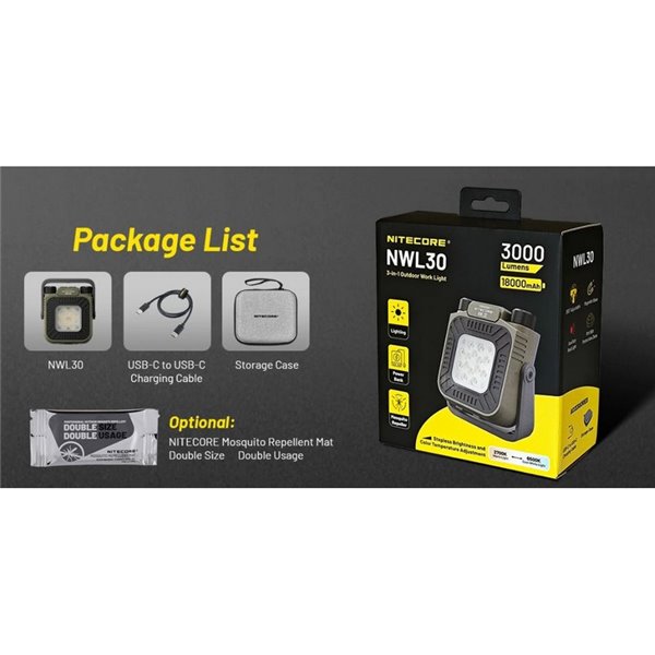 NITECORE NWL30 3000Lm Luz de trabalho LED portátil recarregável com luz vermelha e repelente de mosquitos IP66