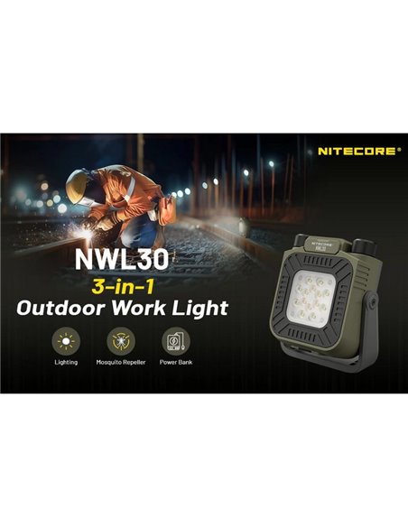 Linterna de trabajo LED portátil NITECORE NWL30 3000Lm recargable con luz roja y repelente de mosquitos IP66