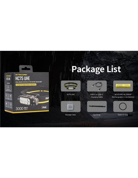 Lanterna de cabeça LED recarregável NITECORE HC75 UHE 3000Lm, luz vermelha e branca IP68