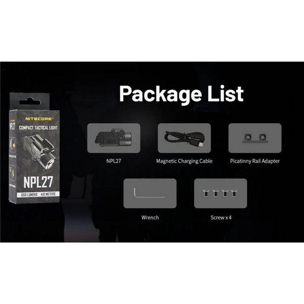 Linterna LED táctica para arma NITECORE NPL27 650Lm USB-C Recargable IPX6 montaje Glock/Picatinny