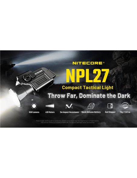 Lampe torche tactique à LED rechargeable NITECORE NPL27 650 lm USB-C, IPX6, montage Glock/Picatinny