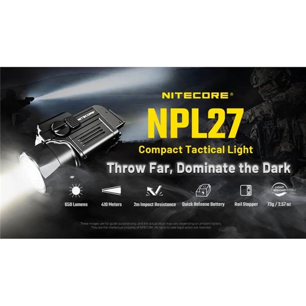 Lanterna tática LED recarregável NITECORE NPL27 650Lm USB-C com suporte IPX6 para Glock/Picatinny