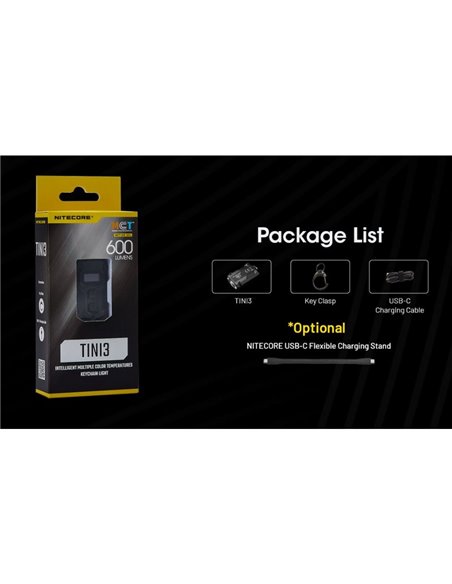 Mini linterna LED Nitecore TINI 3 600 lúmenes recargable con USB-C y pantalla digital OLED Gris