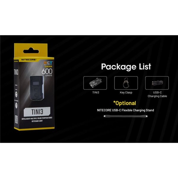 Mini linterna LED Nitecore TINI 3 600 lúmenes recargable con USB-C y pantalla digital OLED Gris
