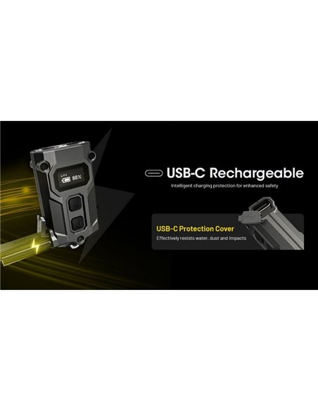 Mini linterna LED Nitecore TINI 3 600 lúmenes recargable con USB-C y pantalla digital OLED Gris