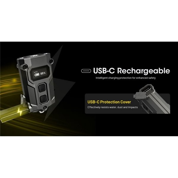 Mini linterna LED Nitecore TINI 3 600 lúmenes recargable con USB-C y pantalla digital OLED Gris