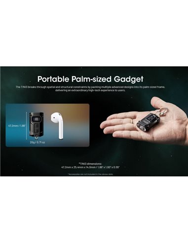 Mini lanterna LED recarregável Nitecore TINI 3 de 600 lúmens com USB-C e visor digital OLED (cinza)