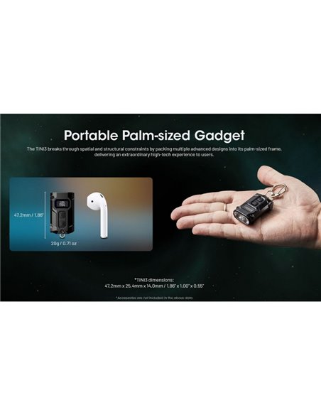 Mini lanterna LED recarregável Nitecore TINI 3 de 600 lúmens com USB-C e visor digital OLED (cinza)