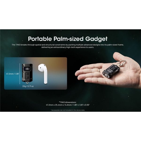 Mini linterna LED Nitecore TINI 3 600 lúmenes recargable con USB-C y pantalla digital OLED Gris