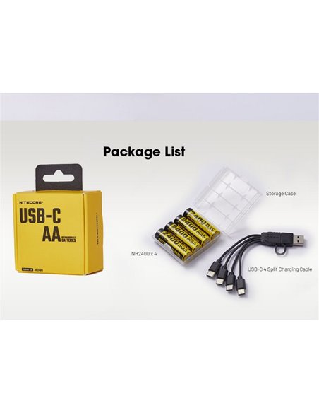 Pack de 4 piles AA rechargeables USB-C NITECORE NH2400 1,5 V 2400 mAh avec étui