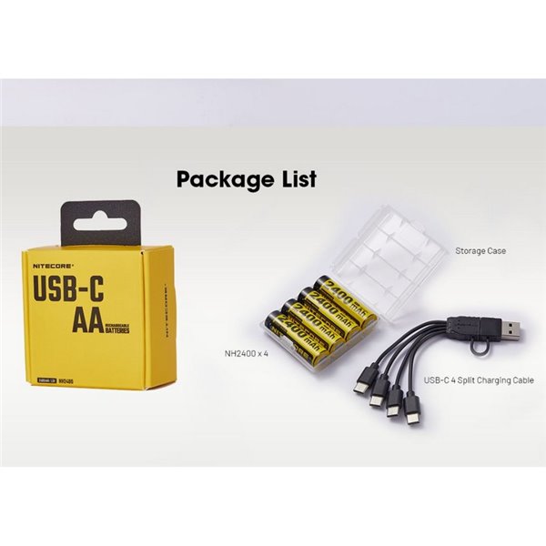 Pack 4 Pilas AA recargables NITECORE NH2400 1.5V 2400mAh USB-C con estuche