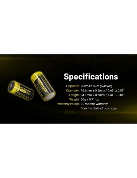 Batería recargable NL169 16340 Li-Ion 950mAh 3.6V