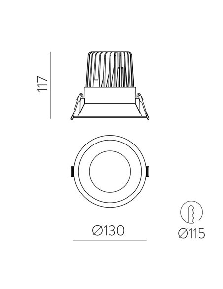 Downlight encastré LED COB blanc KIDAL, Ø13cm 20W IP44 2700K/3000K/4000K, 1680lm/18300lm/19880lm