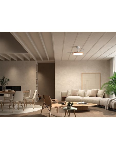 Ventilador de techo con luz LED Ø91cm 30W CORFU XS blanco y madera, motor DC, CCT regulable con mando a distancia
