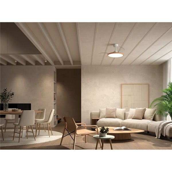 Ventilateur de plafond avec lumière LED Ø91cm 30W CORFU XS blanc et bois, moteur DC, CCT dimmable avec télécommande