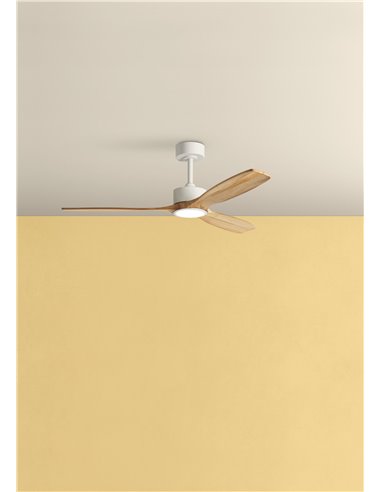 Ventilador de techo con luz LED Ø97cm 21W SANTORINI XS blanco y madera, motor DC 25W con mando a distancia
