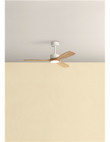 Ventilador de techo con luz LED 21W Ø112cm SANTORINI blanco y madera, motor DC 30W con mando a distancia