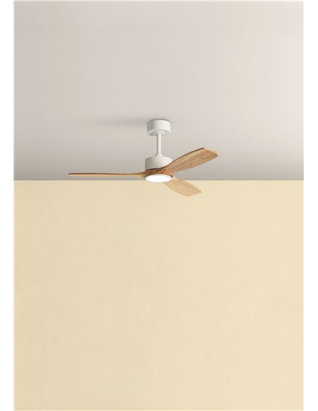 Ventilateur de plafond LED SANTORINI 21 W, Ø 112 cm, blanc et bois, moteur 30 W CC, télécommande