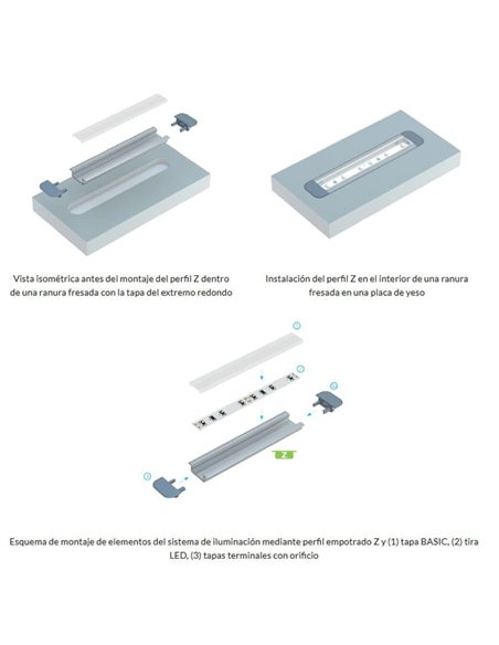 Perfil de alumínio embutido LUMINES tipo Z, anodizado prata, 2,02 m para fitas de LED