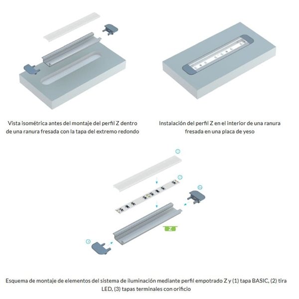 Perfil de aluminio empotrado LUMINES tipo Z anodizado plata 2,02 m para tiras LED