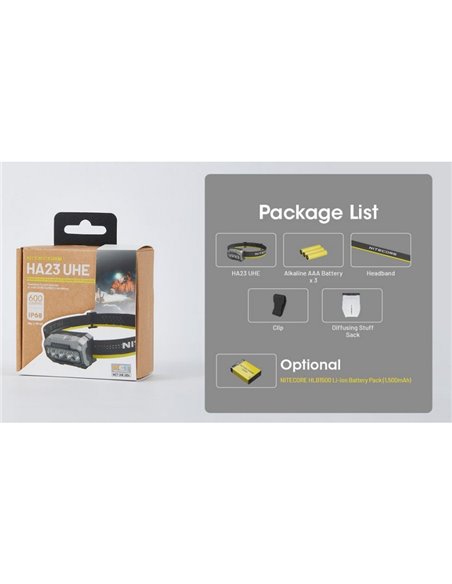 Farol HA23 UHE Preto 600Lm Multitemperatura 600Lm Alcance de 132m IP66 com Pilhas AAA ou Bateria Recarregável