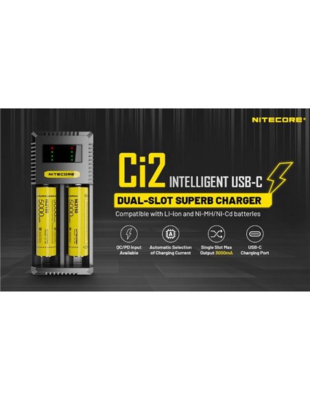 Chargeur intelligent rapide USB-C Ci2 pour batteries Li-Ion et NiMH AAA, AA, 18650 et 21700