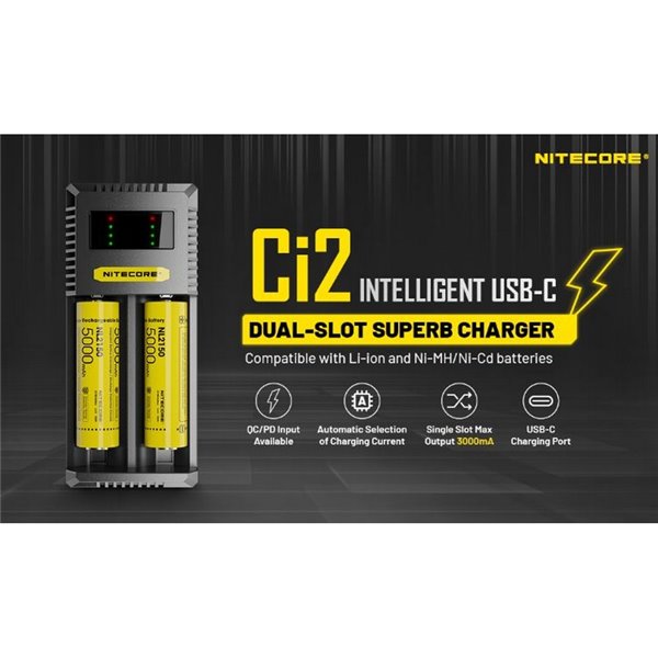 Cargador Inteligente Ci2 USB-C Rápido para Baterías Li-Ion y NiMH AAA, AA, 18650 y 21700