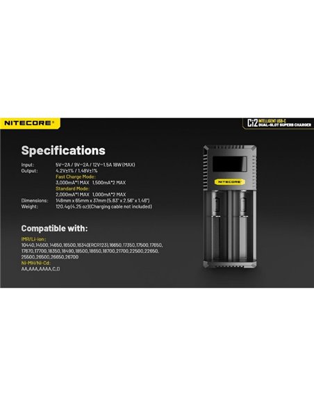 Cargador Inteligente Ci2 USB-C Rápido para Baterías Li-Ion y NiMH AAA, AA, 18650 y 21700