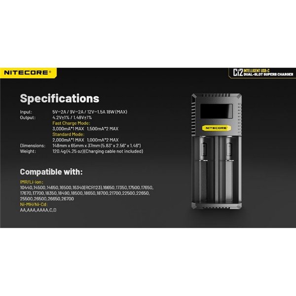 Chargeur intelligent rapide USB-C Ci2 pour batteries Li-Ion et NiMH AAA, AA, 18650 et 21700