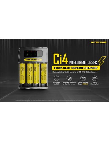 Cargador Inteligente NITECORE Ci4 de 4 Bahías Rápido USB-C para Baterías AA, AAA, 18650, 21700