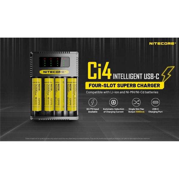 Cargador Inteligente NITECORE Ci4 de 4 Bahías Rápido USB-C para Baterías AA, AAA, 18650, 21700