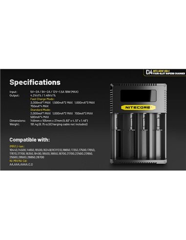 Cargador Inteligente NITECORE Ci4 de 4 Bahías Rápido USB-C para Baterías AA, AAA, 18650, 21700