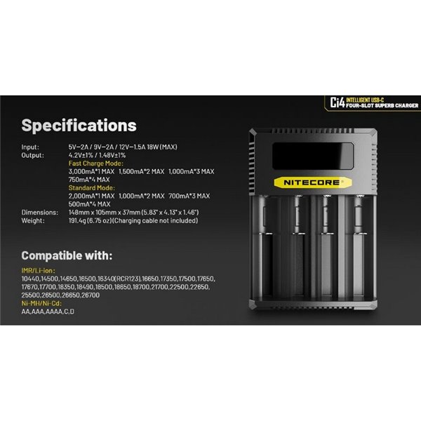 Carregador rápido USB-C inteligente NITECORE Ci4 de 4 baias para pilhas AA, AAA, 18650 e 21700