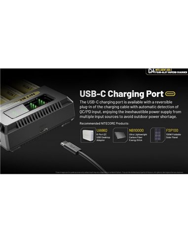 Cargador Inteligente NITECORE Ci4 de 4 Bahías Rápido USB-C para Baterías AA, AAA, 18650, 21700