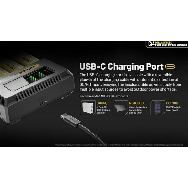 Cargador Inteligente NITECORE Ci4 de 4 Bahías Rápido USB-C para Baterías AA, AAA, 18650, 21700