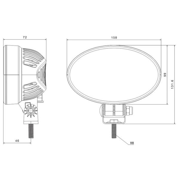 Medidas Potente luz de trabalho LED oval FT-366 LED 6.200Lm 53W Óptica de trabalho Cabo ou conector Deutsch