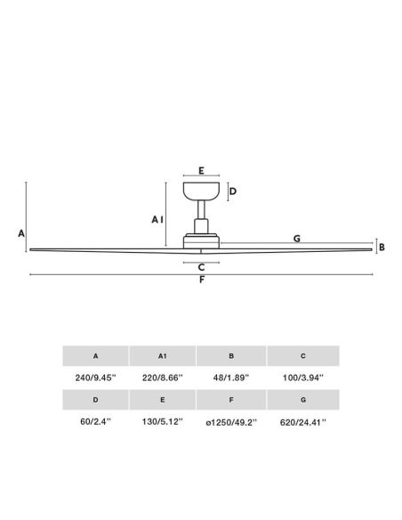 Dimensões do Ventoinha de Teto KLIM M Preto com Pás de Madeira com Certificação FSC | Ø1250 mm | Motor DC Silencioso | Faro Lab