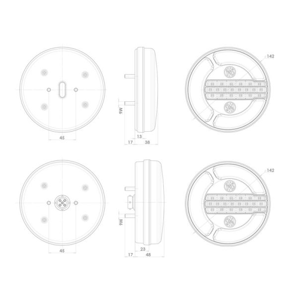 Medidas Piloto Trasero Redondo LED Black 3 Funciones 12/24V -2Leds- F RD AR Posición, Niebla, Marcha Atrás - Ø 14Cm