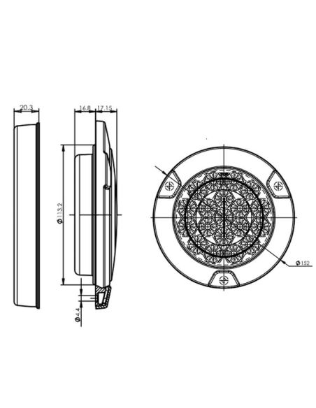 Medidas Piloto LED trasero redondo negro empotrable W147 12V 24V Niebla y Marcha Atras R10 F, AR
