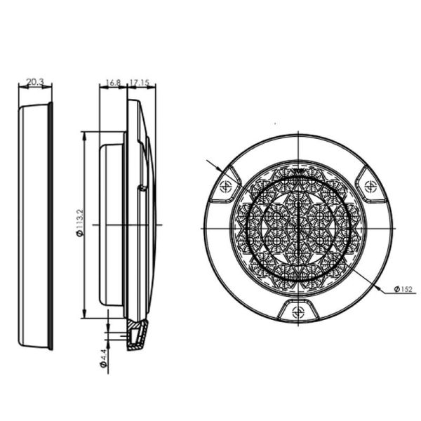 Medidas Piloto LED trasero redondo negro empotrable W147 12V 24V Niebla y Marcha Atras R10 F, AR